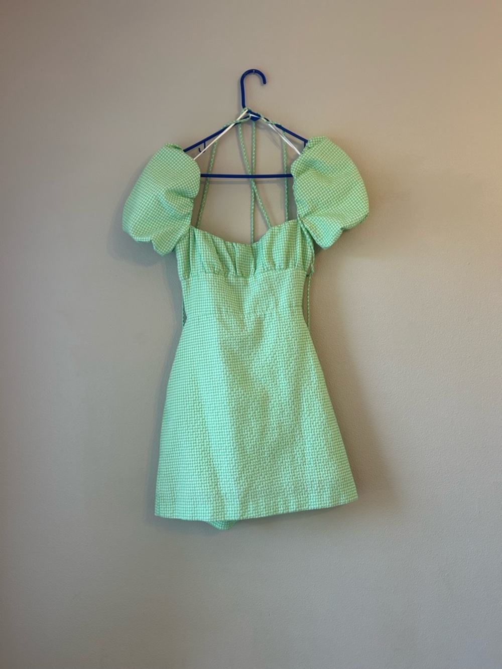 Zara Pastel Green Gingham Puff-Sleeve Mini Dress - Picture 4 of 12